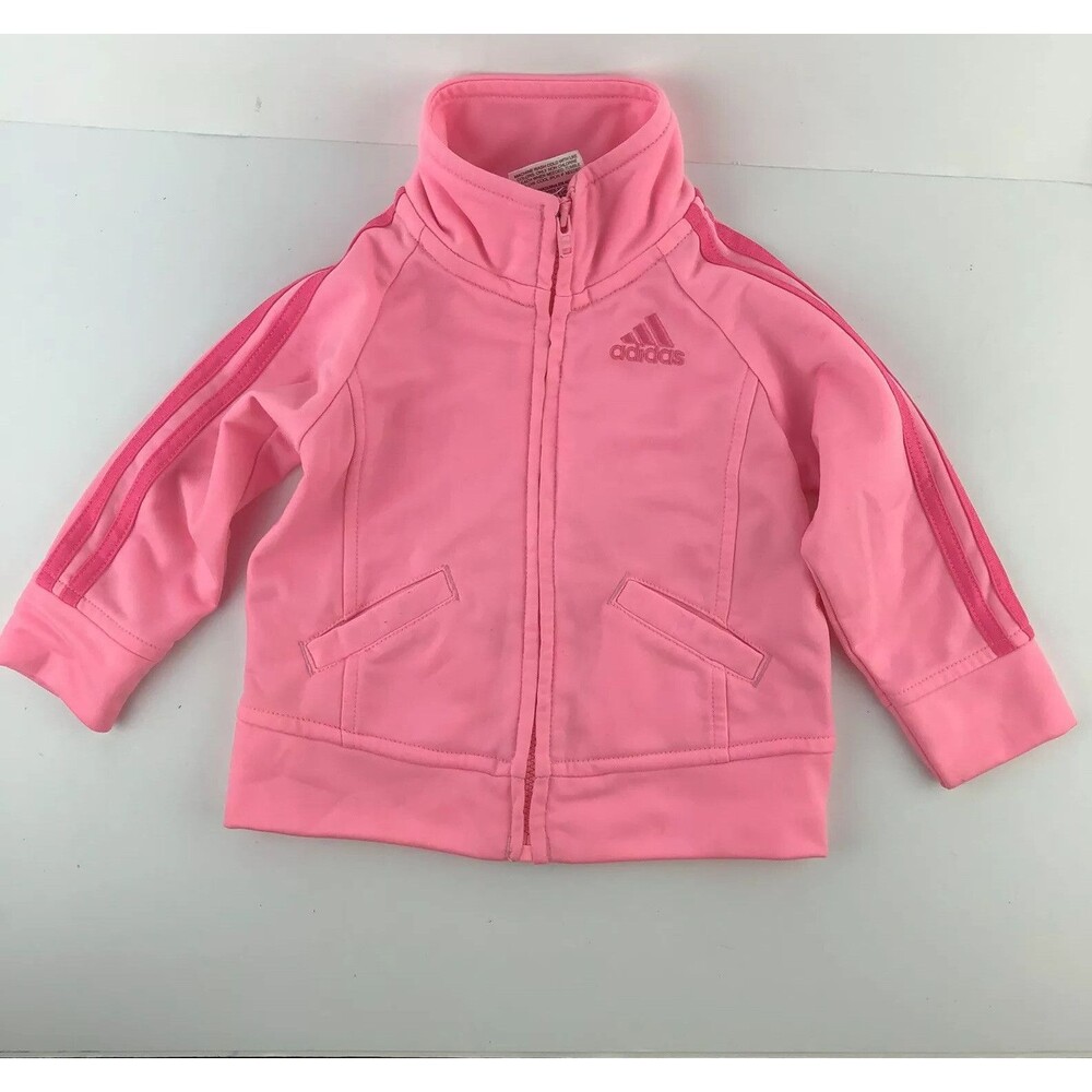 ADIDAS Pink Infant Girls Full Zip Track Jacket Pockets Fleece Lined 9M X6